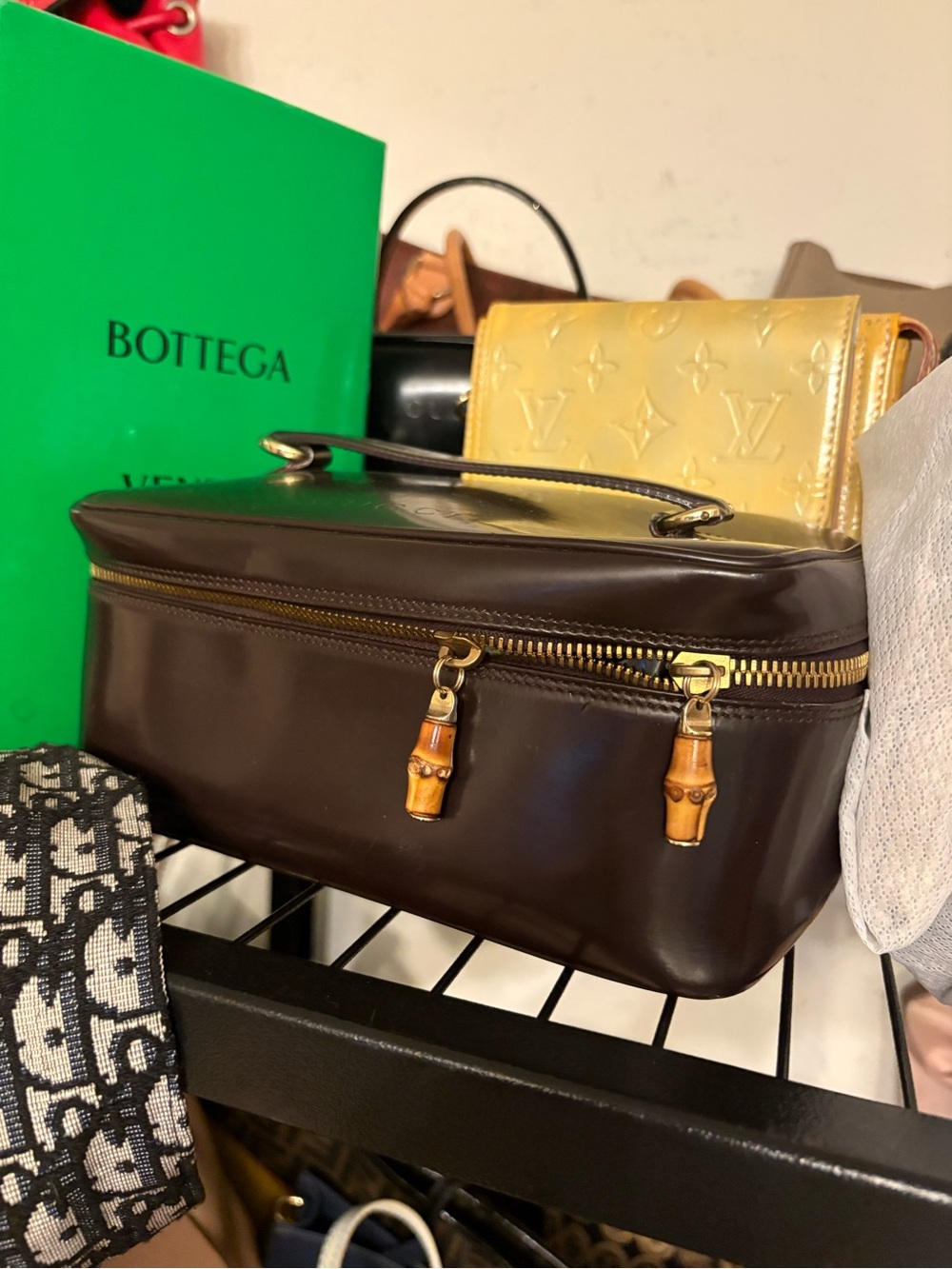 Gucci Dark Brown Leather Bamboo-Trim Toiletry Bag
